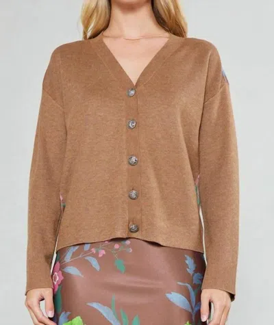 Current Air Floral Contrast Cardigan In Hazelnut In Gold