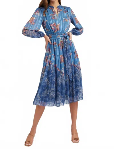 Current Air Floral Mandarin Collar Midi Dress In Blue