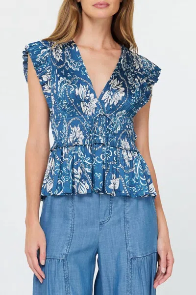 Current Air Floral Pleated Sleeveless Blouse In Blue/white