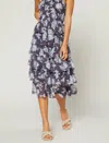 CURRENT AIR FLORAL PRINT TIERED SKIRT DRESS IN DARK NAVY
