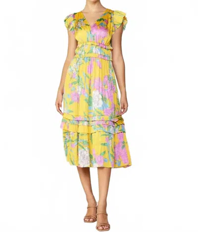 Current Air Floral Print V Neck Dress In Marigold In Yellow