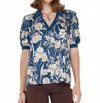 Current Air Floral Printed Short Sleeve Blouse In Navy In Blue