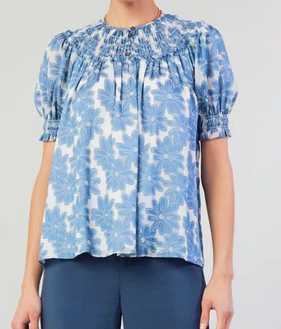 Current Air Floral Smocked Neck Blouse In Blue