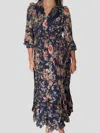 Current Air Floral Surplus Long Sleeve Midi Dress In Midnight In Multi