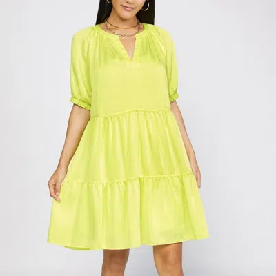 Current Air Flowy Tiered Short Dress In Lemon In Green