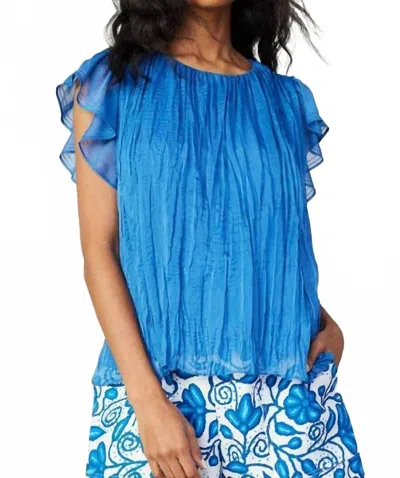 Current Air Flutter Short Ruffle Sleeve Crinkle Top In Azure Blue