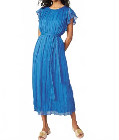 Current Air Flutter Short Sleeve Crinkle Midi Dress With Self Tie In Azure Blue