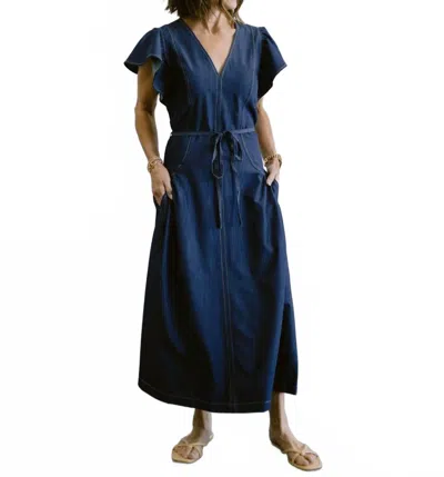 Current Air Flutter Sleeve Waist Tie Dress In Blue