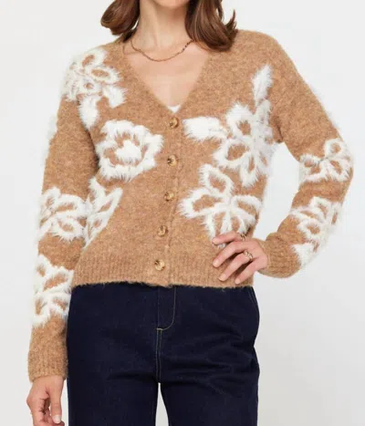 Current Air Fuzzy Sweater Cardigan In Camel In Brown