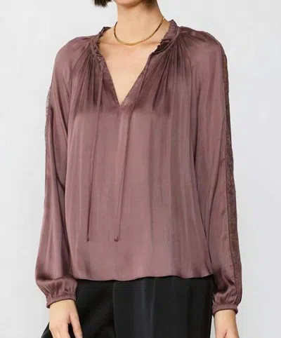 Current Air Lace Contrast Sleeve Ruffle Detail Blouse In Purple In Brown