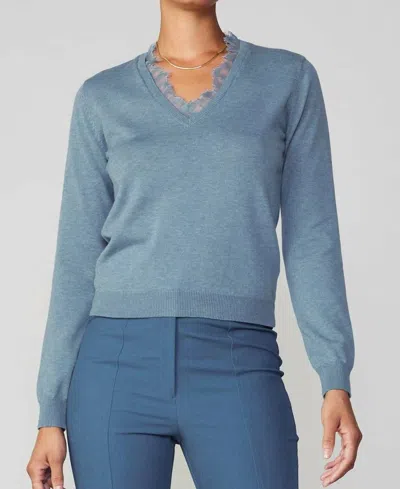 Current Air Lace Detail V-neck Sweater In Dusty Blue In Multi