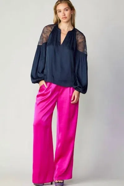 Current Air Lace Shoulder Split Neck Blouse In Slate Navy In Blue