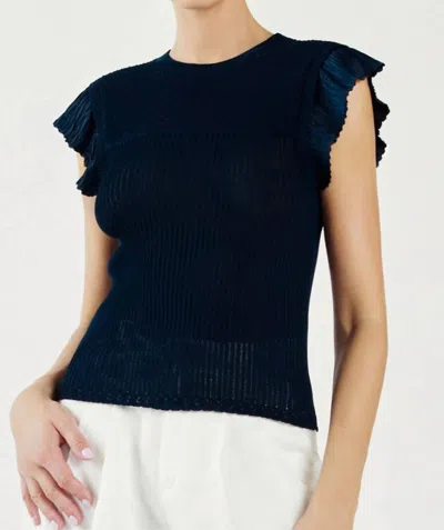 Current Air Lilly Ruffle Short Sleeve Sweater In Navy