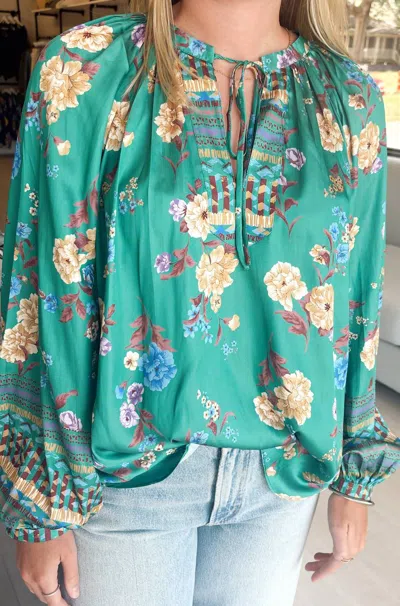 Current Air Long Sleeve Floral Blouse In Green