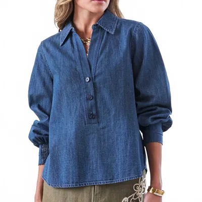 Current Air Long Sleeve Half Button Denim Top In Blue