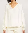 Current Air Long Sleeve Key Hole Blouse In Ivory In Multi