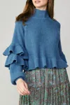 Current Air Long Sleeve Mock Neck Sweater Wit Ruffle Sleeve In Blue In Blue