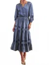 Current Air Long Sleeve Split Neck Midi Dress With Pleated Skirt In Slate Blue In Blue