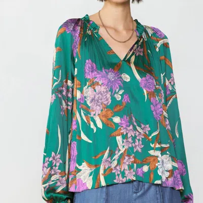 Current Air Long Sleeve Split Neck Pleated Blouse In Green Floral