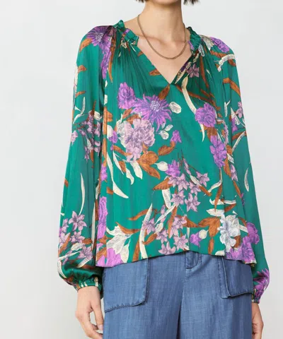 Current Air Long Sleeve Split Neck Pleated Blouse In Green Floral In Multi