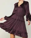 CURRENT AIR LONG SLEEVE SPLIT NECK TIERED MINI DRESS IN MIDNIGHT PLUM