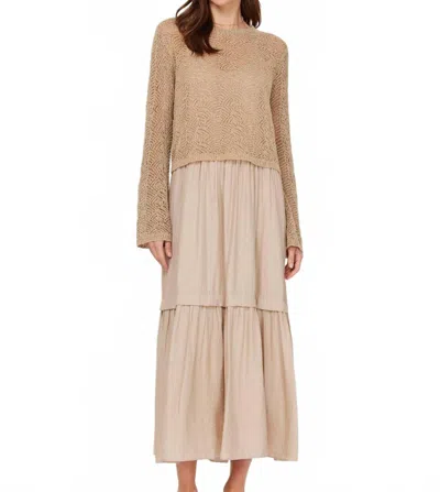Current Air Long Sleeve Two Fer Sweater & Tiered Midi Dress Set In Sand In Neutral