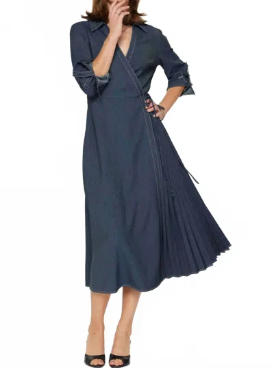 Current Air Long Sleeve Wrap Dress In Denim In Multi