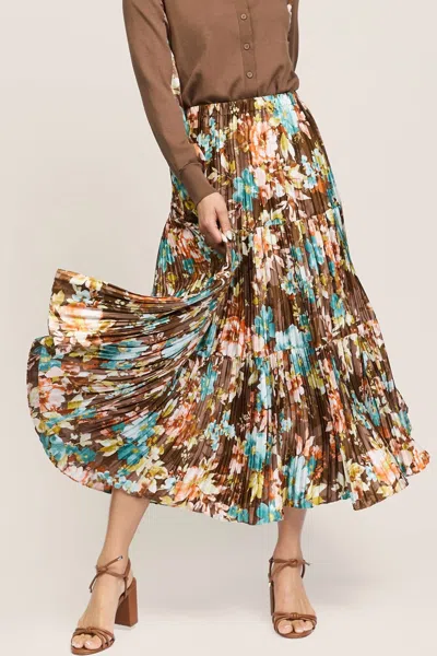 Current Air Luella Pleated Midi Skirt In Bronze Floral In Multi