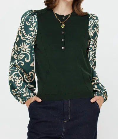 Current Air Mandarin Collar Combo Sweater Top In Green Multi