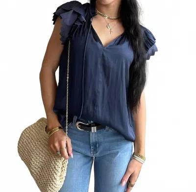 Current Air Marcia Layered Lace Sleeve Top In Navy In Blue
