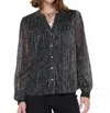 Current Air Metallic Button Down Blouse In Black-silver In Multi