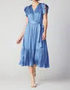 CURRENT AIR NATALIA PLEATED SLEEVE MIDI DRESS IN DUSTY BLUE