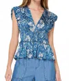 Current Air Olivia Peplum Top In Blue Floral In Blue