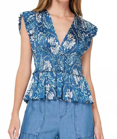 CURRENT AIR OLIVIA PEPLUM TOP IN BLUE FLORAL