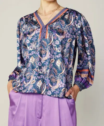 Current Air Paisley Border Print Top In Indigo Floral Mlt In Multi