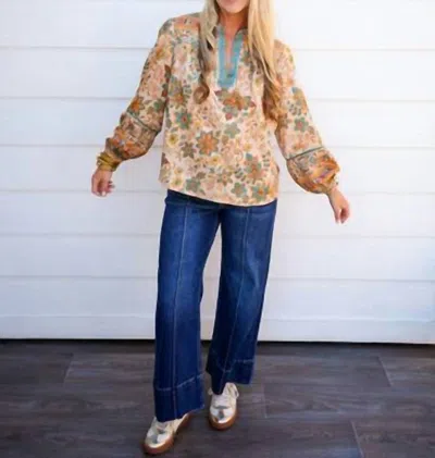 Current Air Paisley Border Printed Top In Taupe Teal In Multi