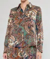 Current Air Paisley Printed Button Down Top In Brown Multi In Brown
