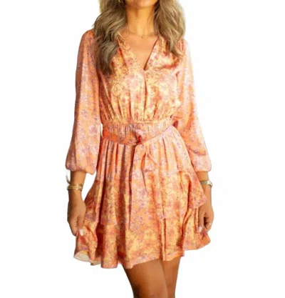 Current Air Peach Floral Long Sleeve Mini Dress In Coral Multi Floral In Orange
