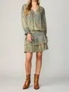 CURRENT AIR PLEATED LONG SLEEVE MINI DRESS IN GREEN FLORAL