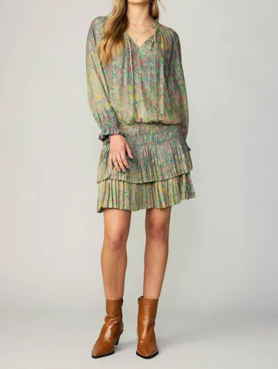 Current Air Pleated Long Sleeve Mini Dress In Green Floral In Multi