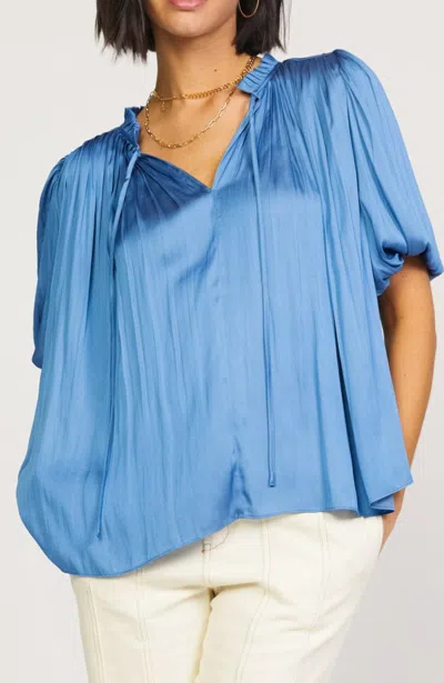 Current Air Pleated Puff Sleeve Blouse In Dusty Blue