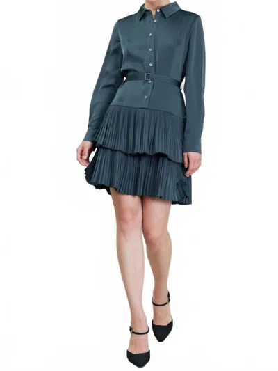 Current Air Pleated Shirt Dress In Forest Green