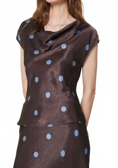 Current Air Polka Dot Draped Cowl Neck Blouse In Brown/blue In Multi