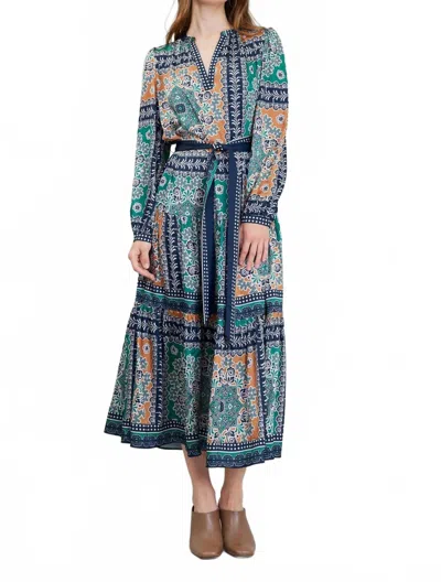 Current Air Print Split Neck Dress And Sash In Green In Multi