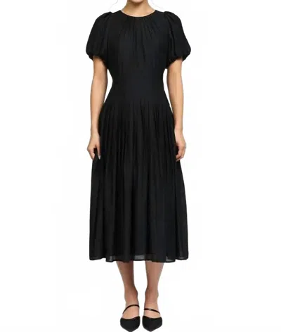 Current Air Puff Sleeve Pleated Midi Dress In Black