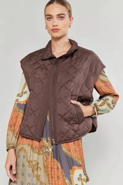 Current Air Puffer Oversized Quilted Vest In Brown