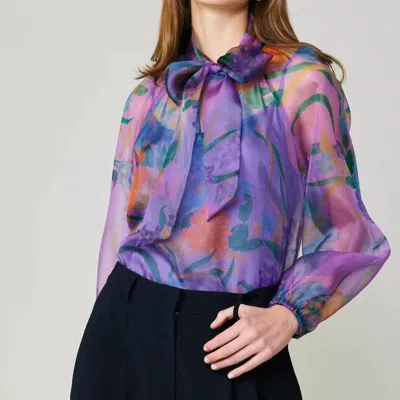 Current Air Remi Semi-sheer Blouse In Purple Floral