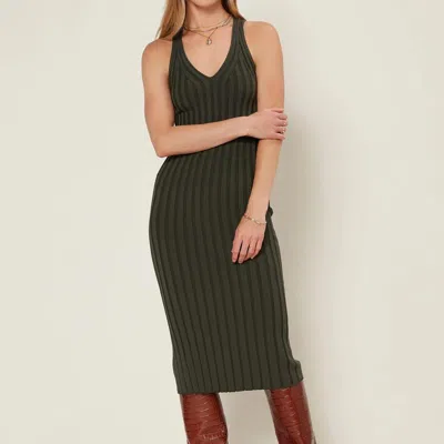 Current Air Ribbed V Neck Midi Dress In Moss Green