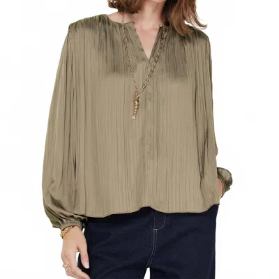 Current Air Round Neck Long Sleeve Pleated Blouse In Green