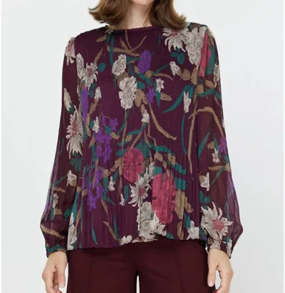 Current Air Round Neck Longsleeve Pleated Blouse In Wine Multi In Purple